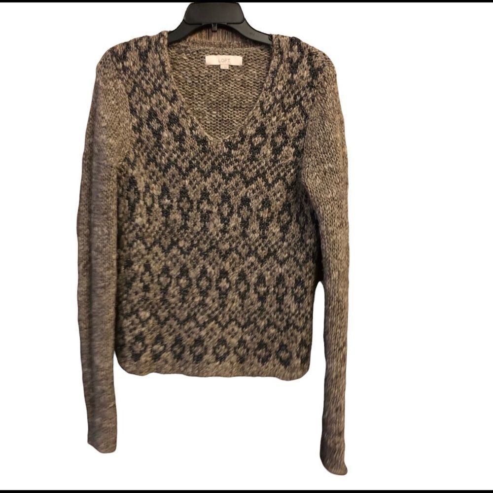 Ann Taylor Sz M Black Beige Chunky Knit Alpaca Wool V-Neck  Sweater